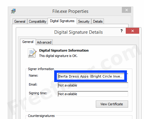 Screenshot of the Berta Dress Apps (Bright Circle Investments Ltd) certificate
